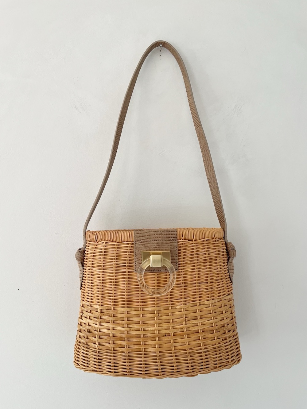 Pamela Munson Olivia Woven Rattan Bag Leather Shoulder Strap Boho Resort Cruise